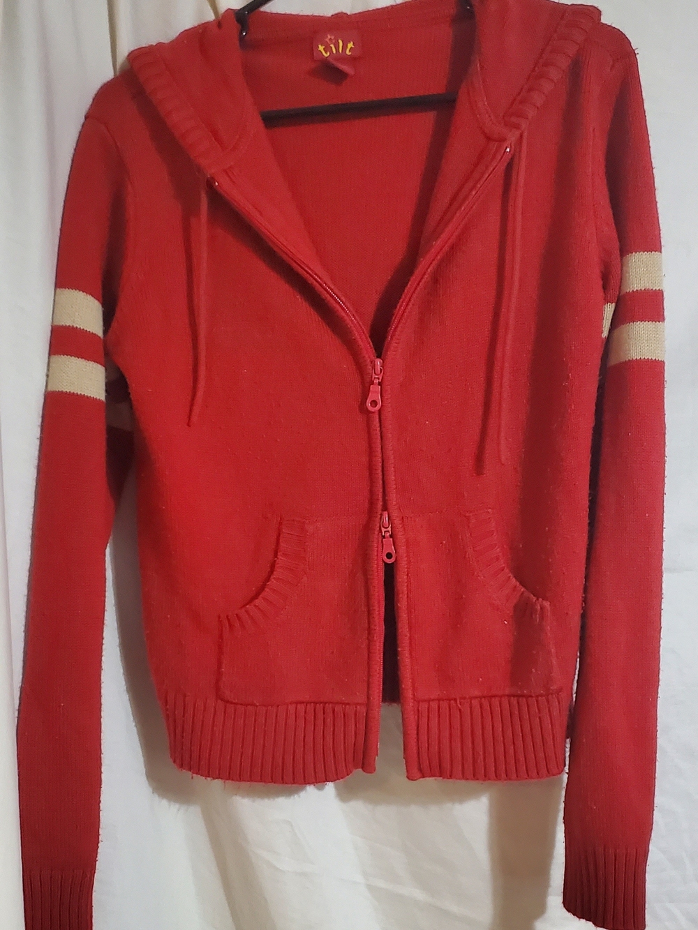 TILT Red Zip-Up Hooded Cardigan with Cream Sleeve Stripes
